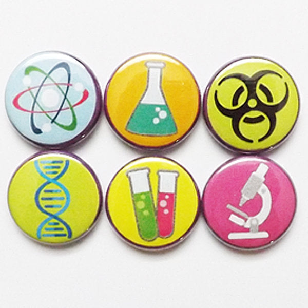 Science Button Pins Badges Geekery Party Favors Stocking Stuffers DNA Test Tubes Beaker Microscope Atom Nerd Magnets Teacher Gift for Him 2.25