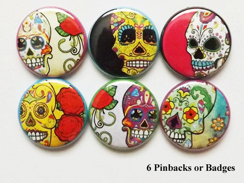 Day of the Dead button pins dia de los muertos sugar skulls badges skeleton party favors calavera gift wedding shower halloween magnets goth-Art Altered