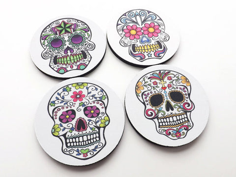 Sugar Skull Drink Coasters mug rugs mat Day of the Dead halloween dia de los muertos party favor wedding shower gift home decor till death-Art Altered