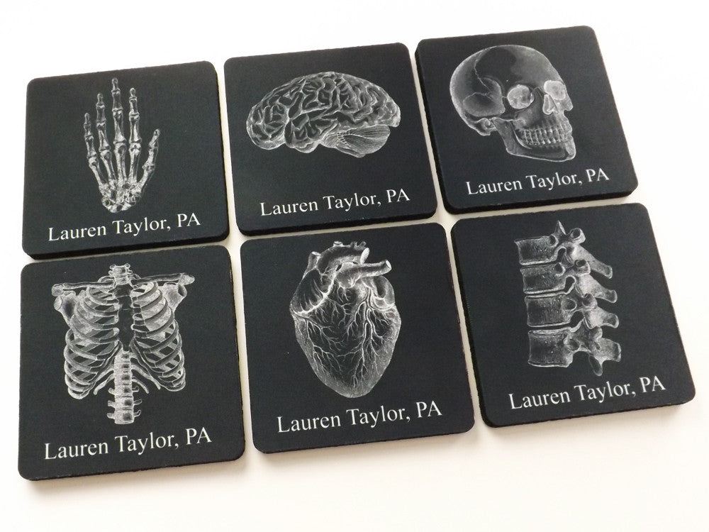 Custom Name Anatomy Coasters Gift Set human body skull brain anatomical heart doctor nurse medical school student-Art Altered