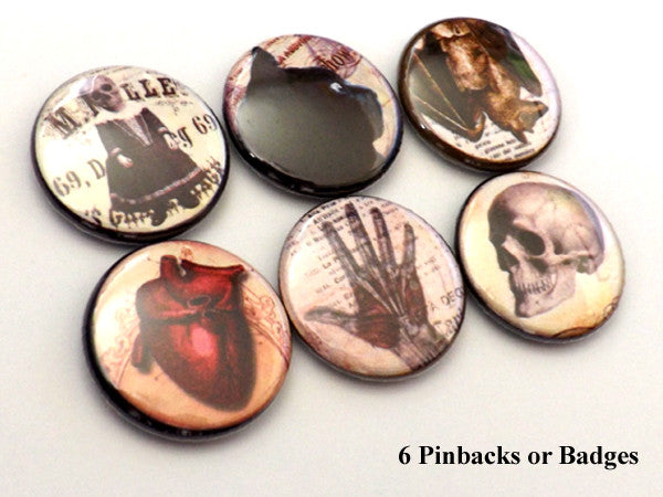 Goth PINBACK BUTTONS pins badges macabre anatomical heart skull-Art Altered