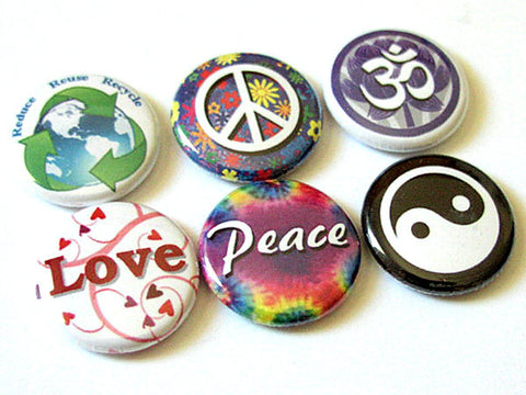Peace Love Om yin yang button pins badges hippie retro stocking stuffer party favor flair hippy trippy magnets gifts-Art Altered