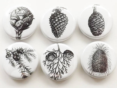 Pinecone button pins fridge magnets coasters conifers nature black white backpack badges pine tree cone outdoors forest coworker gift-Art Altered