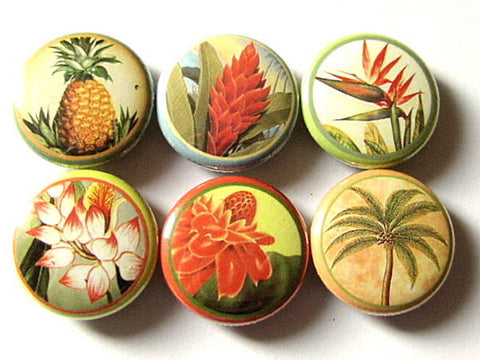 Hawaiian Flowers button pins badges magnets floral tropical retro kitsch palm tree pineapple party favors shower gifts housewarming hostess-Art Altered