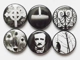 Goth button pins badges Poe spooky halloween macabre party favor stocking stuffer trick treat magnets raven crow cemetery gift home decor-Art Altered