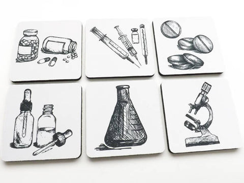 Pharmacist Drink Coasters Gift Set beaker microscope vials pills syringe medication pharmacy science biology prescription graduation male-Art Altered