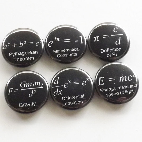 Formula badges, back to school, math gift, science, algebra, magnets, teacher, backpack pins, party favor, relativity, black and white-Art Altered
