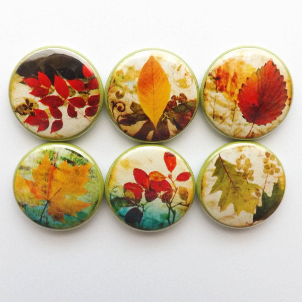 Autumn decor leaves buttons pins pinbacks fall nature party favor stocking stuffer shower hostess gift home magnet thanksgiving holiday warm-Art Altered
