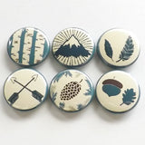 Outdoors Fridge Magnets rustic travel decor gift mountain arrows pinecone feather acorn tree nature adventure party favors button pins-Art Altered