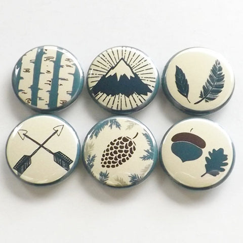 Outdoors Fridge Magnets rustic travel decor gift mountain arrows pinecone feather acorn tree nature adventure party favors button pins-Art Altered