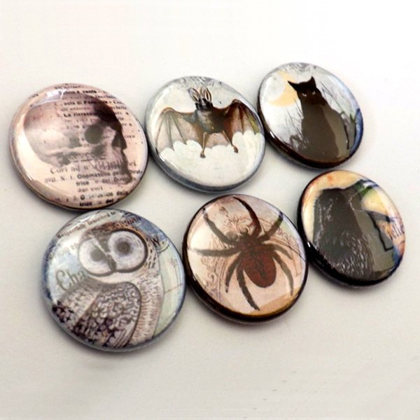 Goth Horror Macabre Pinbacks pins badges buttons spider owl skull hand crow cat bat halloween flair party favor stocking stuffer magnet gift-Art Altered