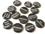 Relationship Status Button Pins bachelorette Party shower favors single married dating straight divorce gifts geek magnets novelty hostess-Art Altered