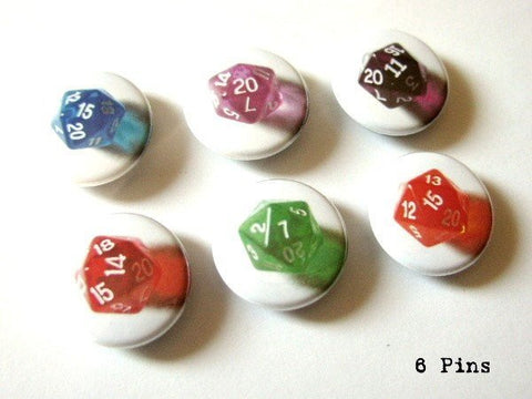 D20 Pinbacks button pins badges geekery set dice polyhedral rpg gamer stocking stuffer flair geek nerd d&d party favors flair magnets-Art Altered