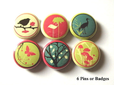 Retro button pins birds butterfly mod flowers crane tree party favors stocking stuffers flair magnets wine charms gifts flair housewarming-Art Altered