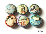 Asian Theme 1 inch Pinback Buttons pins retro Geisha Crane Wave Japanese woodblock flair party favors stocking stuffers magnets gifts-Art Altered