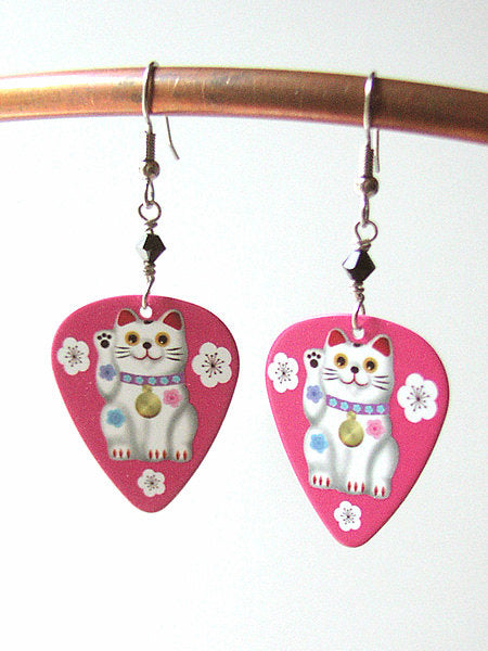 Maneki Neko Guitar Pick Earrings kitty lucky fortune cat Kawaii cute fun funky stocking stuffers party favors shower gifts waving-Art Altered