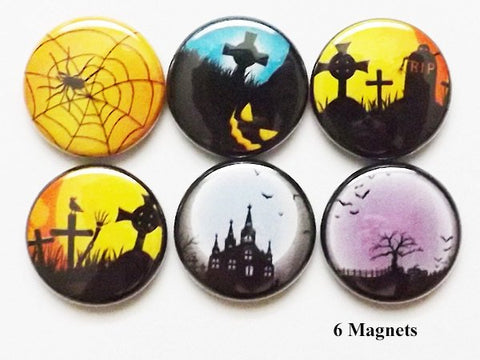 Halloween Haunted House magnets spider web cemetery spooky goth moon bats party favors stocking stuffers geekery button pins graves gifts-Art Altered