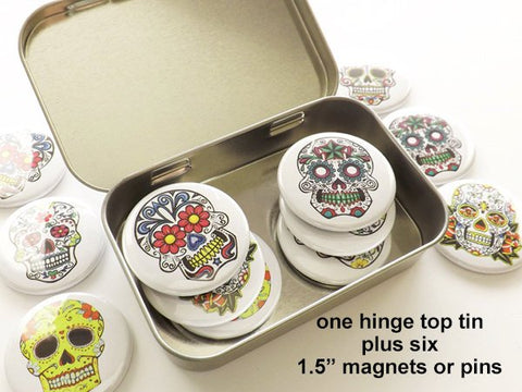 Day of the Dead Gift Set hinge top tin + six 1.5 inch magnets or pins party favors stocking stuffer sugar skull dia de los muertos halloween-Art Altered