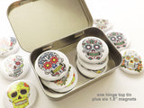 Sugar Skulls Gift Set 1 tin + 1 set of six 1.5" magnets or pins party favors dia de los muertos-Art Altered