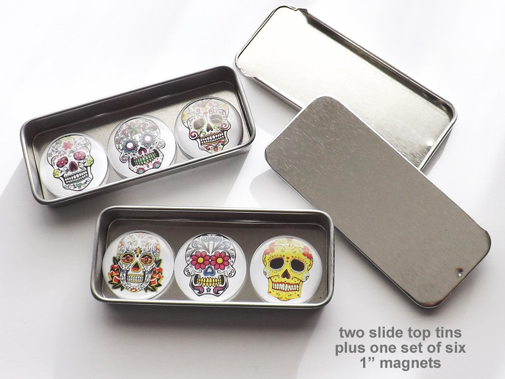 Day of the Dead Gift Set 2 tins + 1 set of six 1" magnets or pins stocking stuffer party favor goth-Art Altered